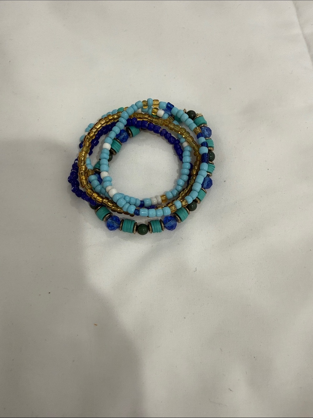 Layered Blue & Gold Beaded Stretch Bracelet Set